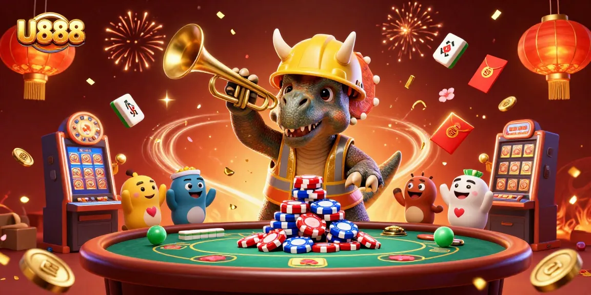 U888 offers vibrant celebrations of gambling with a triceratops building poker chip pyramids amid gaming excitement.
