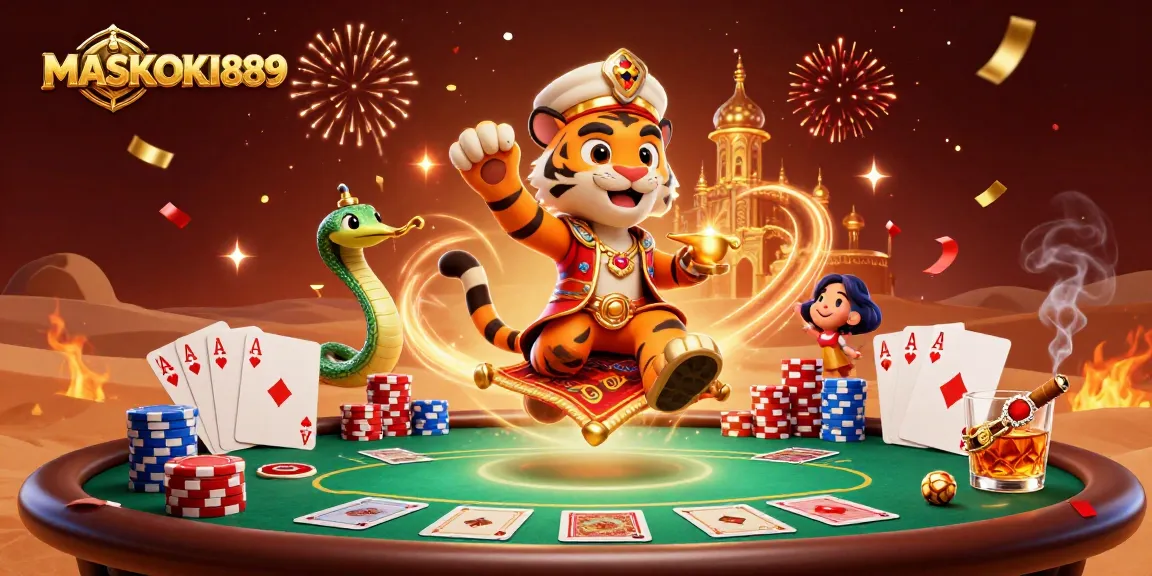 Engage with MASKOKI889's vibrant casino scene featuring a tiger sultan and dynamic gambling elements.