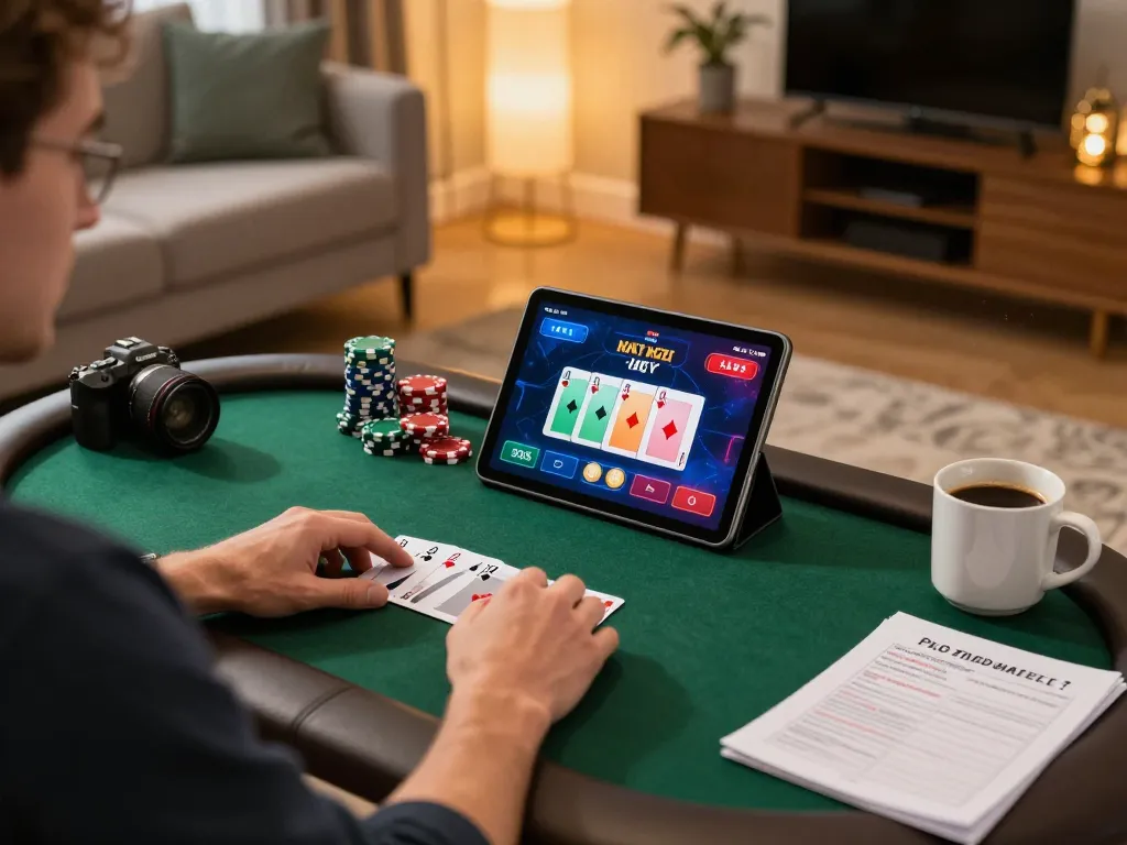 Player enjoying poker through 79win app on tablet, showcasing a vibrant home gaming setup.