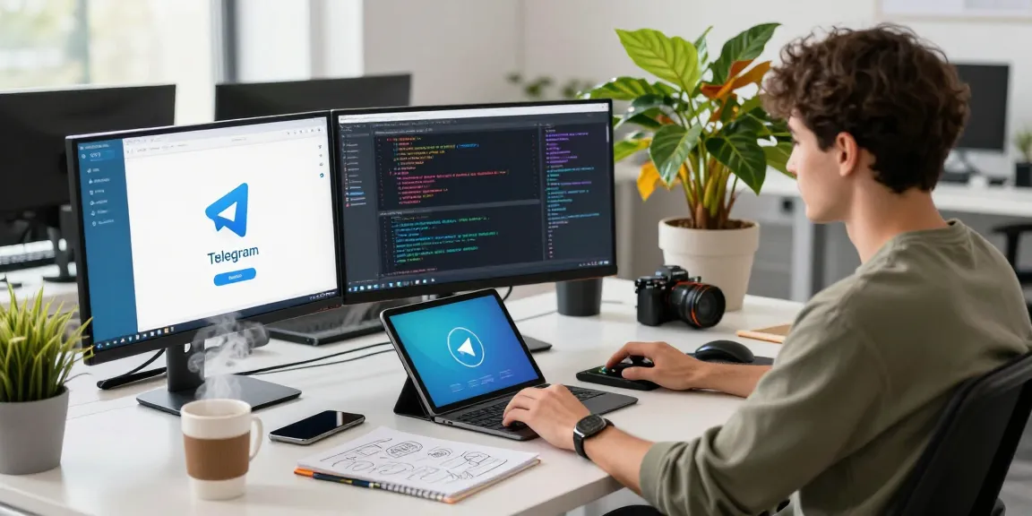 Tech workspace highlighting Telegram Download on dual monitors with a developer actively coding, showcasing a creative and productive environment.