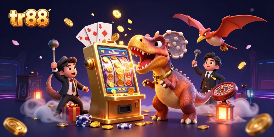 tr88 players enjoying a jackpot as coins fly from a slot machine in a vibrant casino adventure