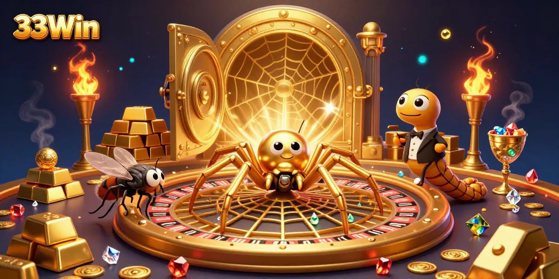 Engage in thrilling gaming at 33Win, featuring a golden spider and roulette wheel in an extravagant illustration.
