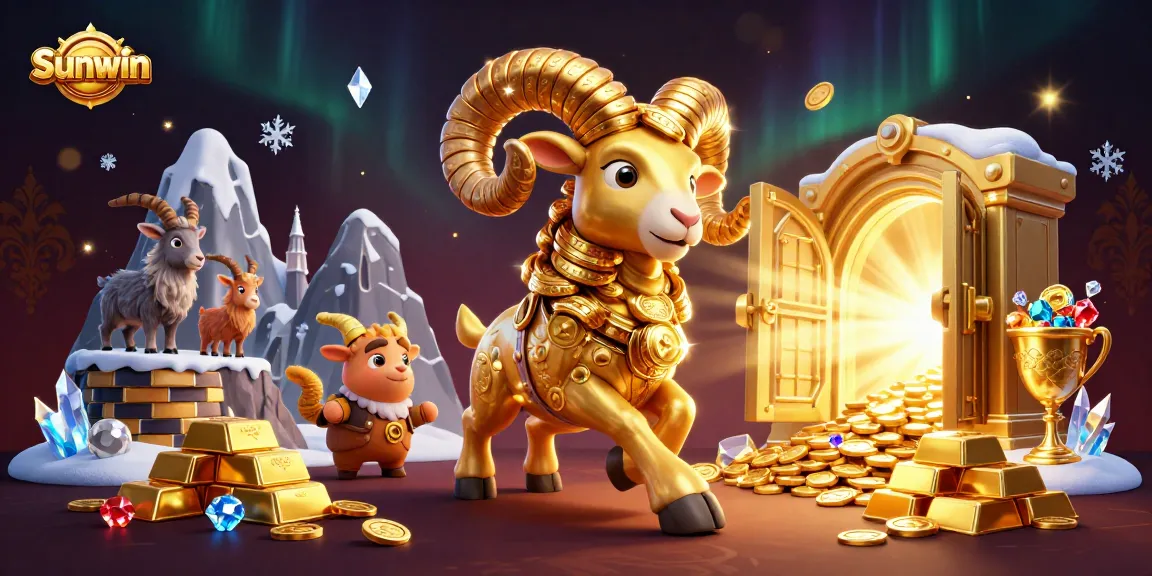 Win at Sunwin casino with an exciting illustration of a golden ram charging amidst treasures and jackpots.