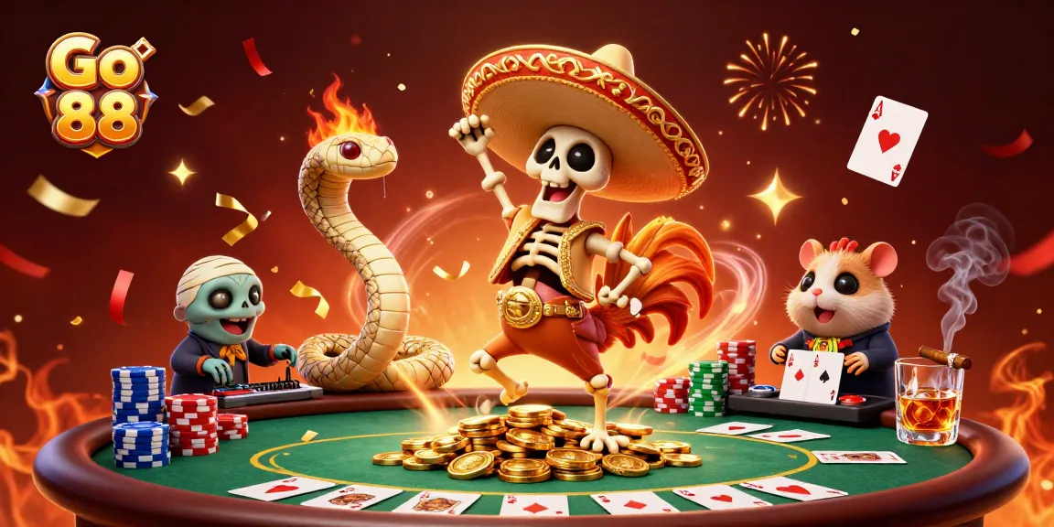 Experience thrilling antics with the Go 88 characters celebrating casino fun and poker excitement!