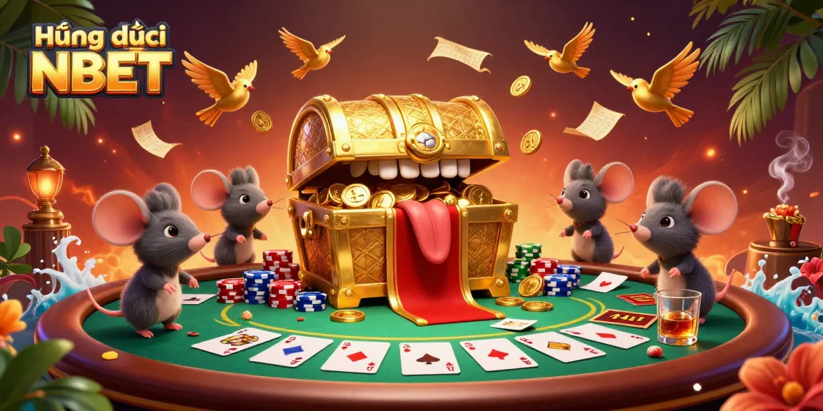 Engage with Hướng dẫn NBET as adventurer mice are enchanted by a golden treasure chest in this vibrant poker scene.