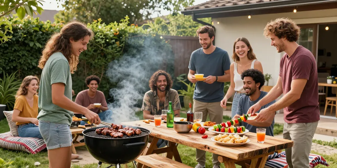 Suasana barbeque outdoor dengan teman-teman menikmati Situs BOS88 dan makanan lezat.