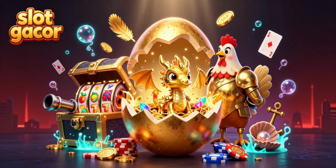 Menangkan permainan slot gacor dengan ilustrasi dramatis naga emas dan chip poker.