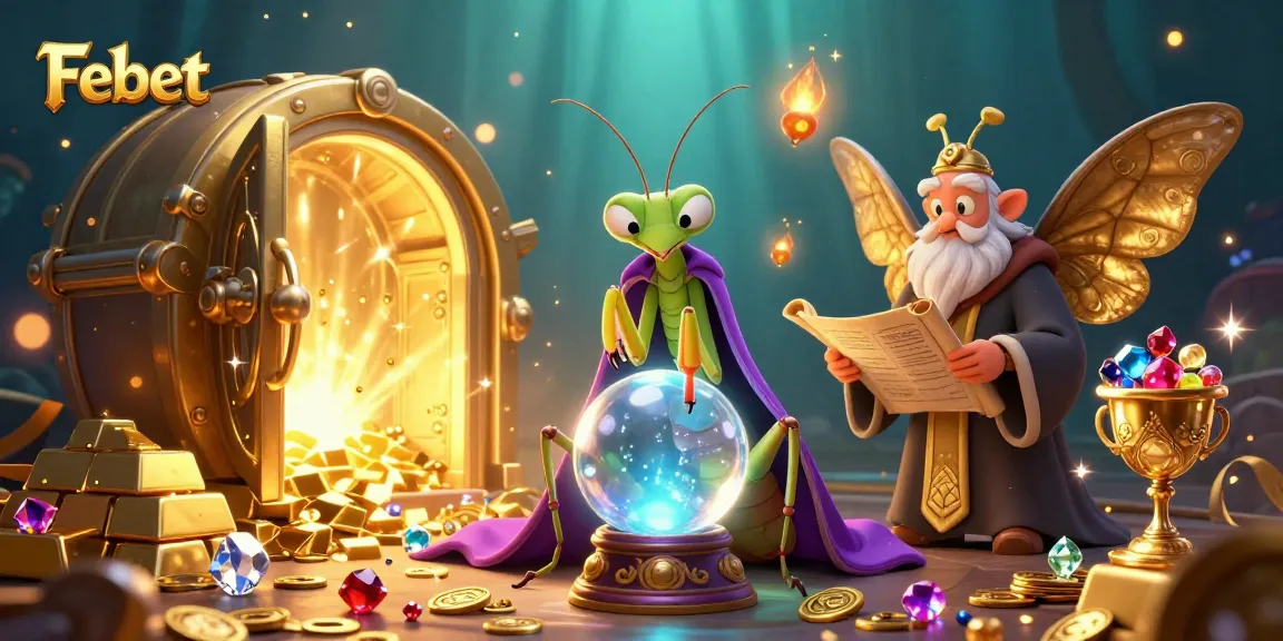 Win big with Febet's vibrant casino scene showcasing fun characters and dazzling treasure.