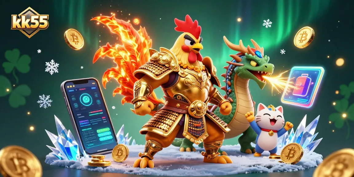 Engage in exhilarating fun at kk55 with a dynamic casino scene featuring colorful coin elements and empowered characters.