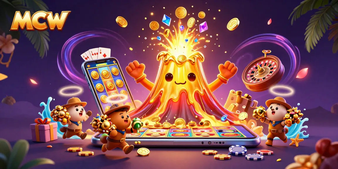 Spin the reels and win treasures at MCW, featuring a volcano erupting gold coins in a vibrant casino scene.