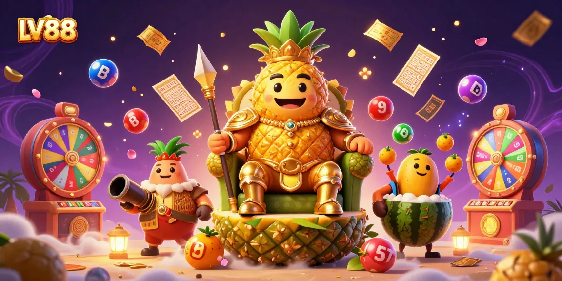 Engage with LV88's vibrant scene featuring a pineapple king, tropical casino elements, and dynamic gaming action.
