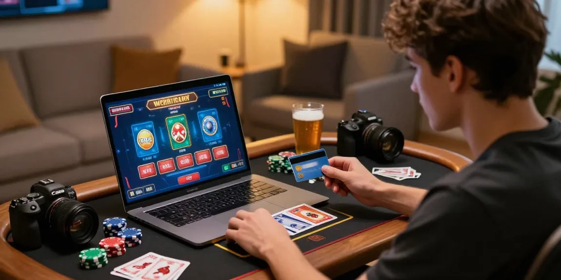 Playing games at credit card casinos featured on https://crownwoods.org.uk/ with a laptop and vibrant casino graphics.