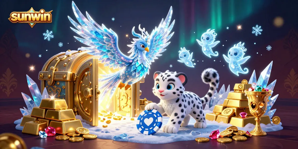 Engage with the thrilling world of sunwin casino featuring a dazzling ice phoenix, gold treasure, and vibrant gaming elements.