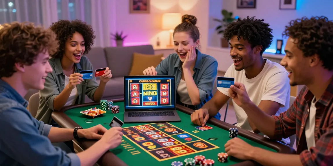 Exciting online gaming moment with friends at a credit card casino, showcasing a screen with wins and visible credit cards on the table at https://brcs.co.uk.