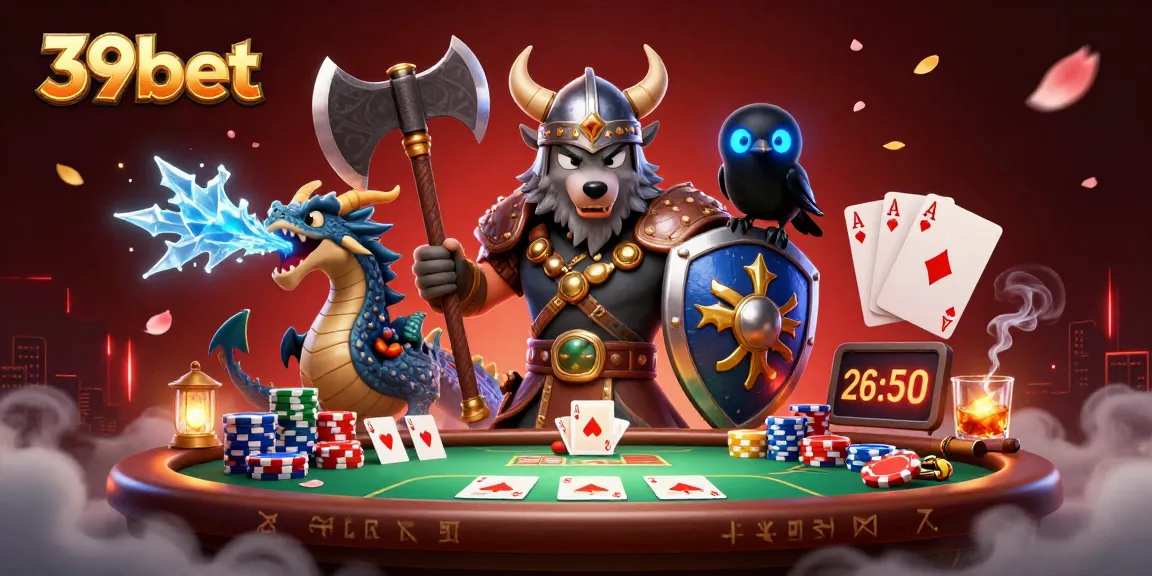 Experience thrilling action with 39bet, showcasing a Viking warrior, dragon, and poker chase.