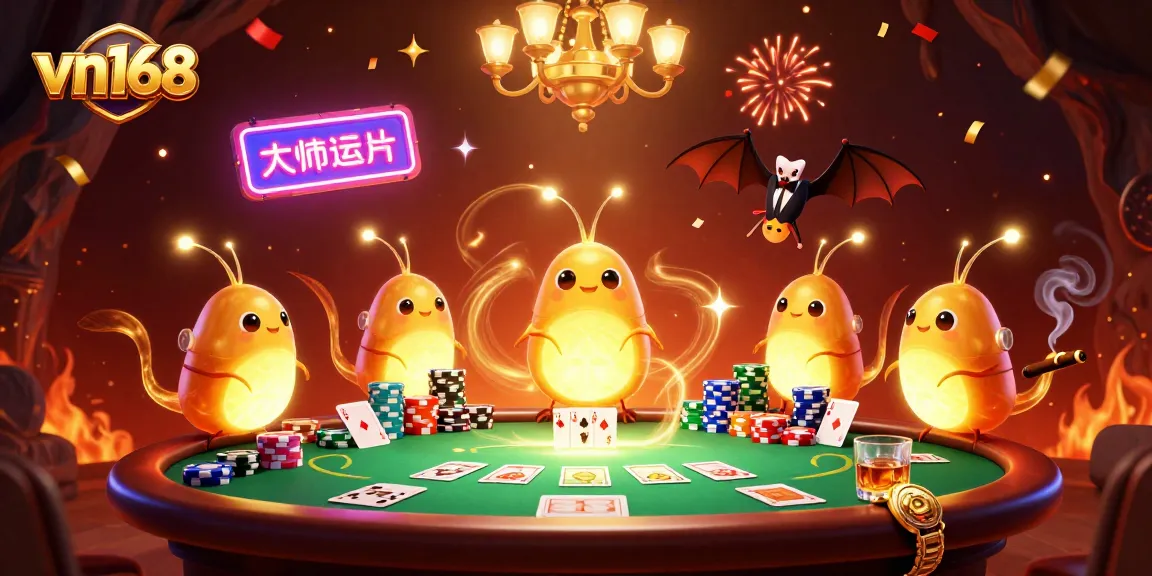 Join the excitement at vn168 with glowworms lighting up a thrilling poker game scene.