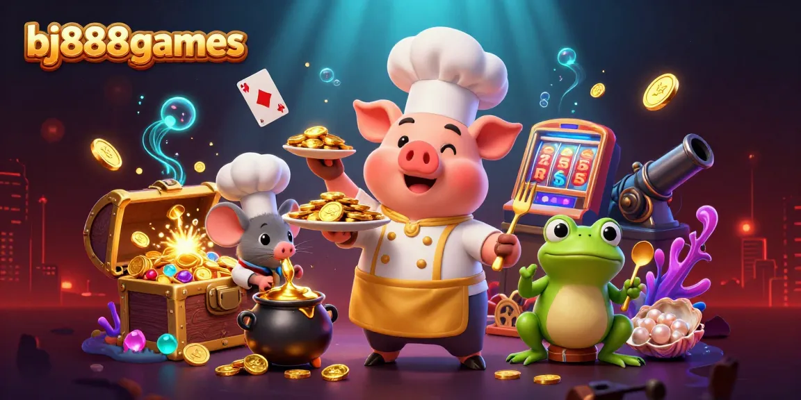 Engage in thrilling gameplay at bj888games with cartoon chef presenting gold coins among gaming elements.