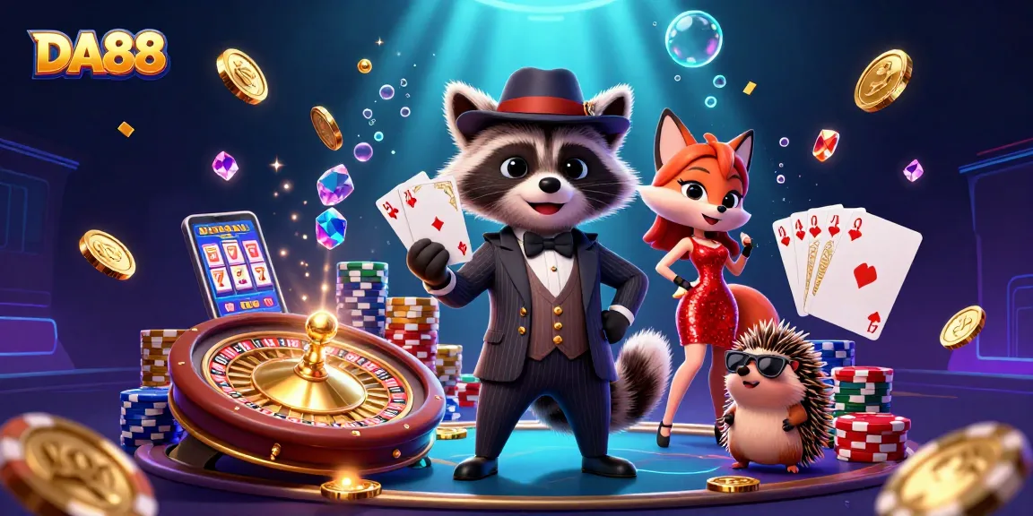 Experience the excitement of DA88 with raccoon, fox, and hedgehog amidst casino chaos.