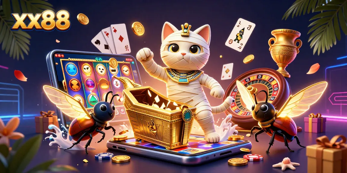 Play thrilling games at xx88 with a mummy cat and scarab beetle in a vibrant casino scene.