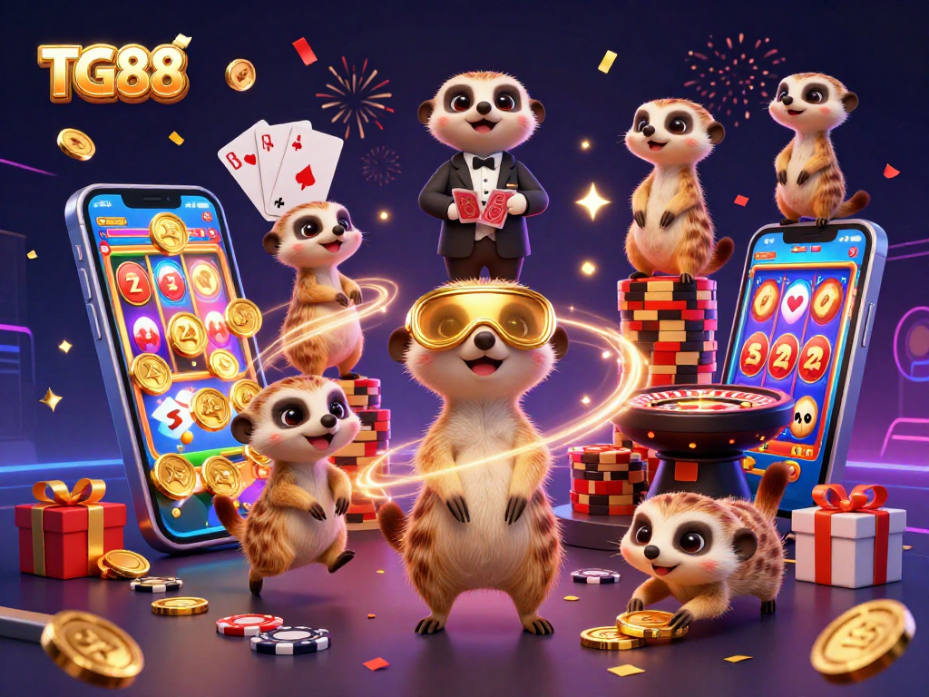 Experience the excitement at TG88 online casino with meerkats running a colorful slot game and dynamic gaming setup.
