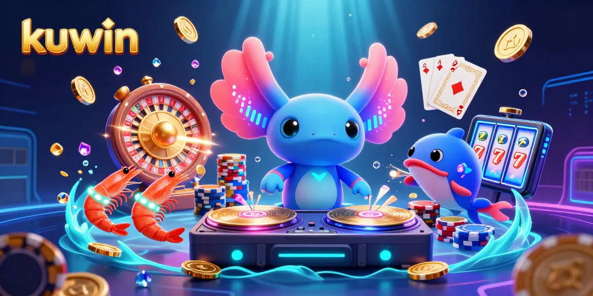 Experience kuwin's vibrant casino world with a neon axolotl DJ and lively sea creatures.