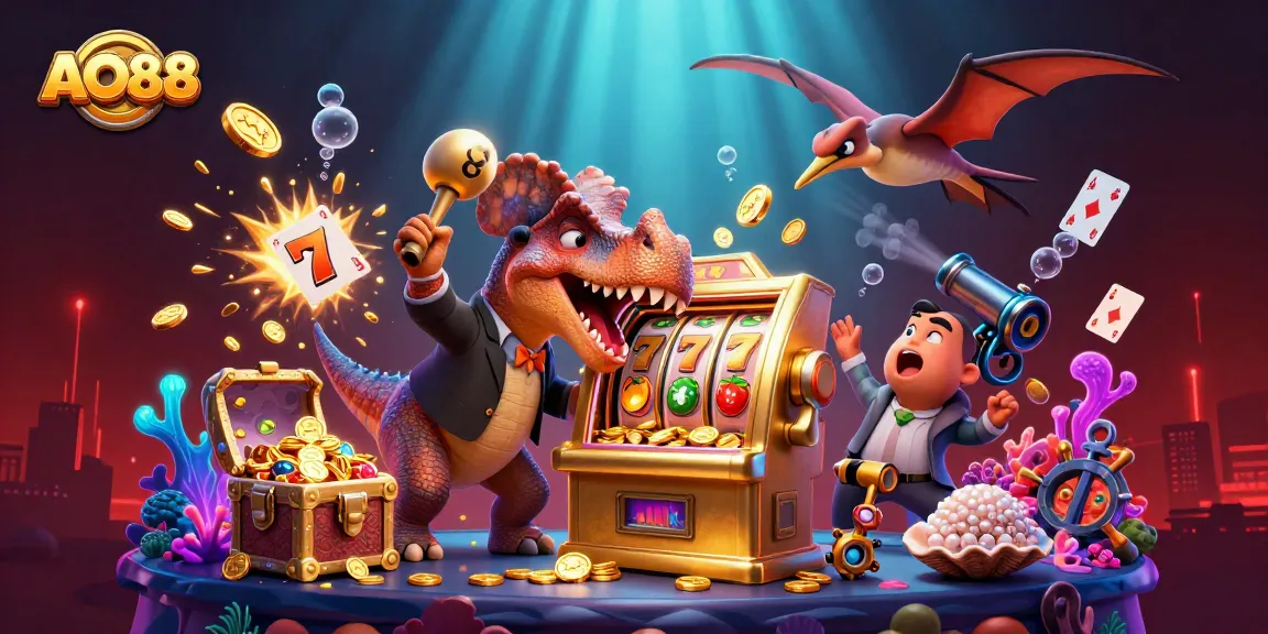 Spin the AO88 Jackpot with a cartoon pachycephalosaurus and casino manager in action.