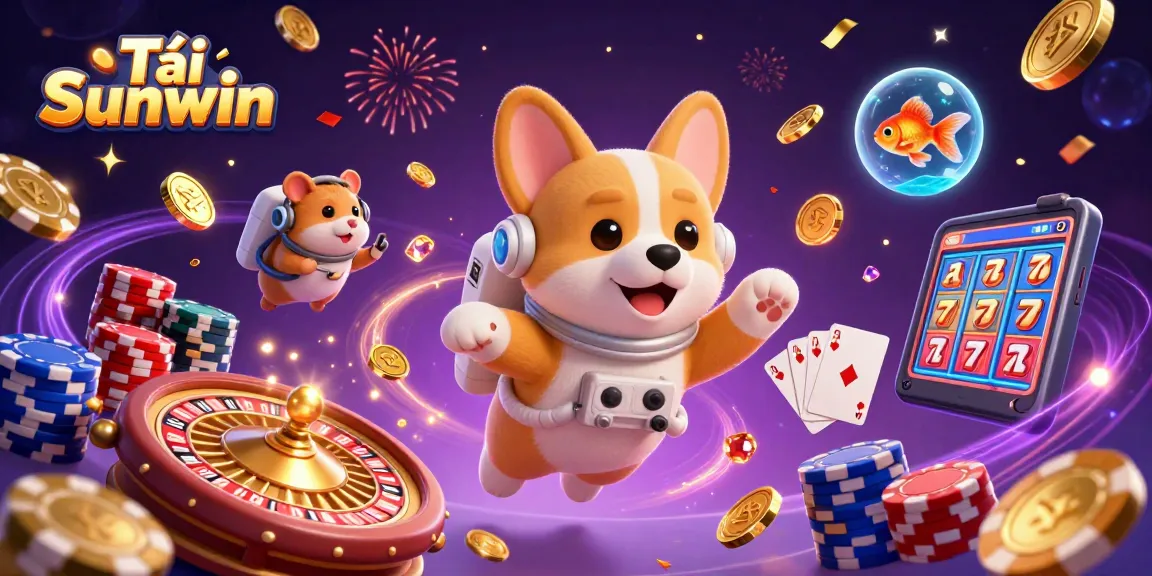 Tải Sunwin with an exciting illustration of an astronaut corgi and a casino scene featuring floating poker chips and golden coins.