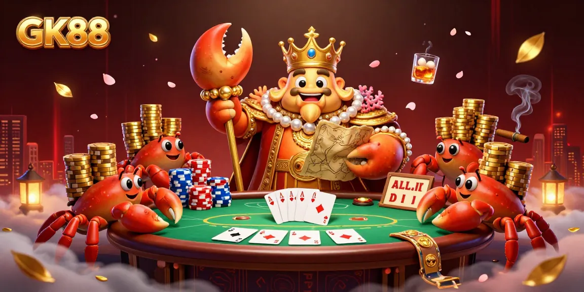 Experience GK88's thrilling poker scene with a golden crab emperor and gold chip-laden hermit crabs.