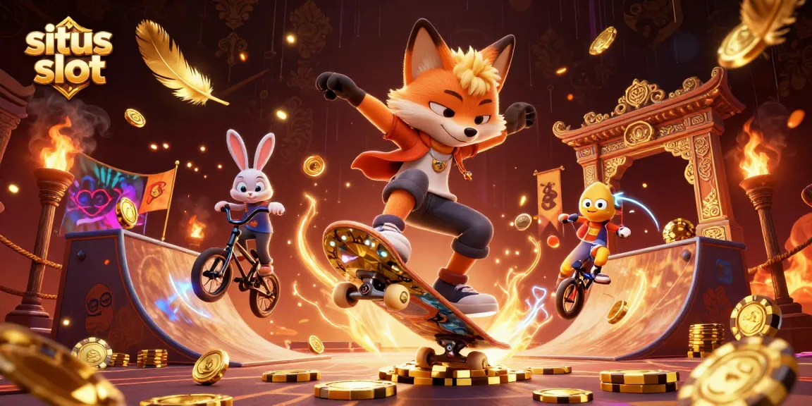 Sparkle at the situs slot with a lively 3D skateboarder fox and BMX-riding rabbit in a vibrant casino-themed scene.