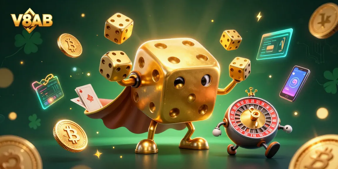Engage in thrilling gaming experiences with V8AB's vibrant 3D casino illustration showcasing dynamic characters and lively elements.