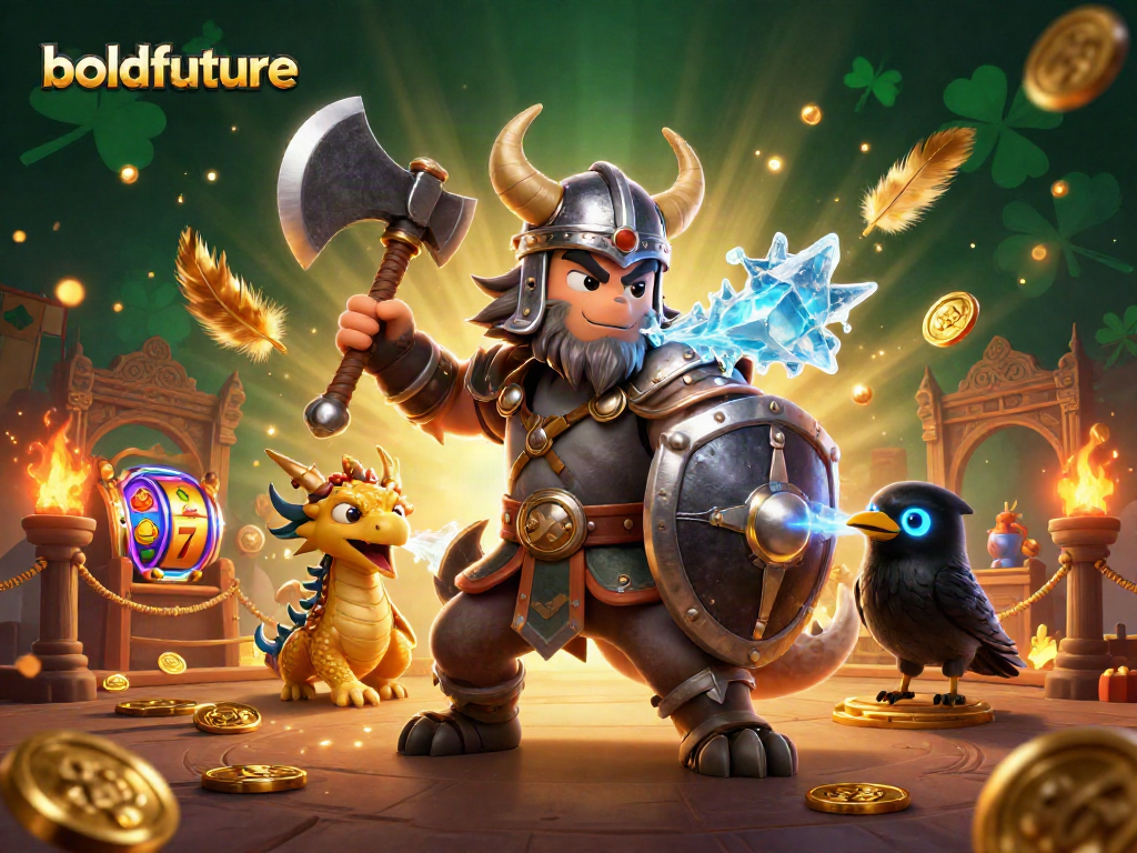 Memenangkan permainan kasino dengan keberuntungan boldfuture, menampilkan simbol slot dan karakter heroik.
