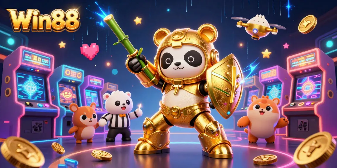 Win88's vibrant casino atmosphere showcases a mech-suit panda battling in a lively gaming arena.