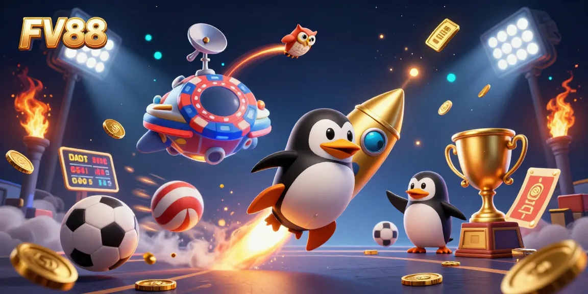 Engage with FV88's thrilling casino atmosphere through an exciting golden penguin character.