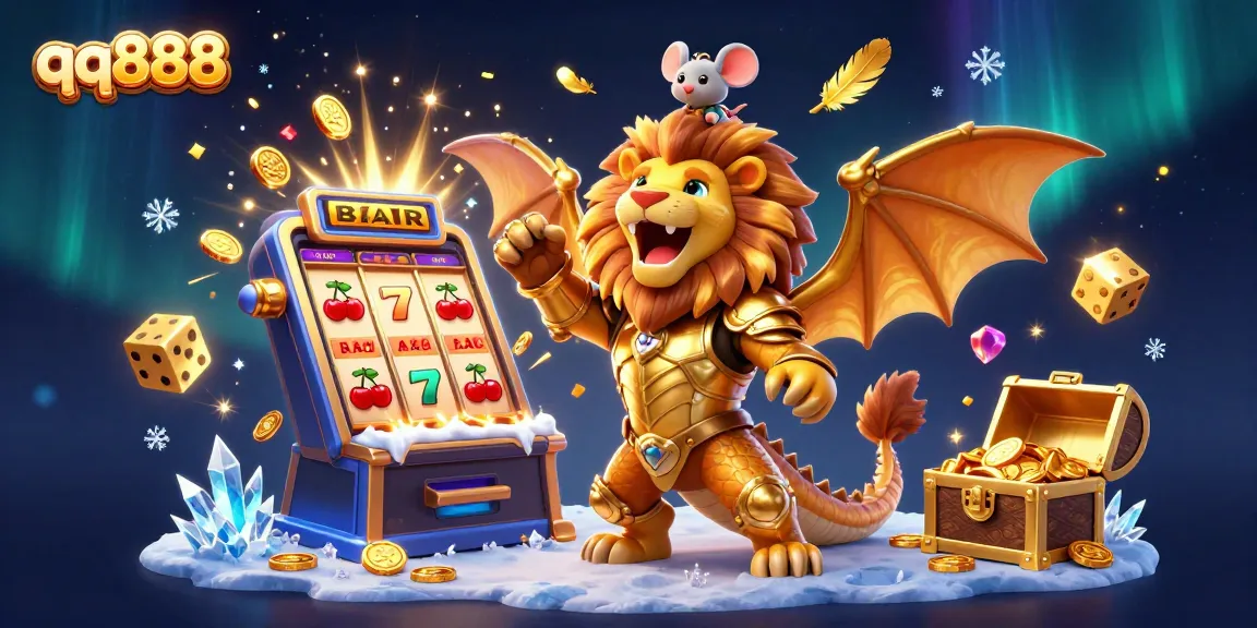 Game on with qq888 as a magical chimera and mouse jockey celebrate a jackpot win in this vibrant illustration.