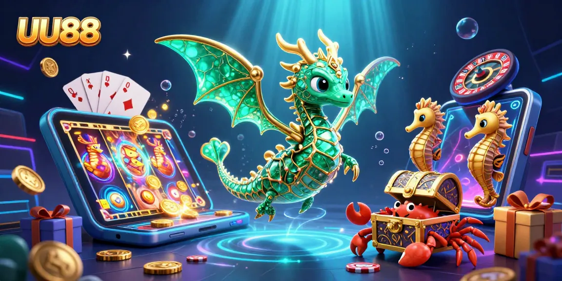 Engage with UU88's vibrant sea dragon illustration showcasing immersive casino elements.