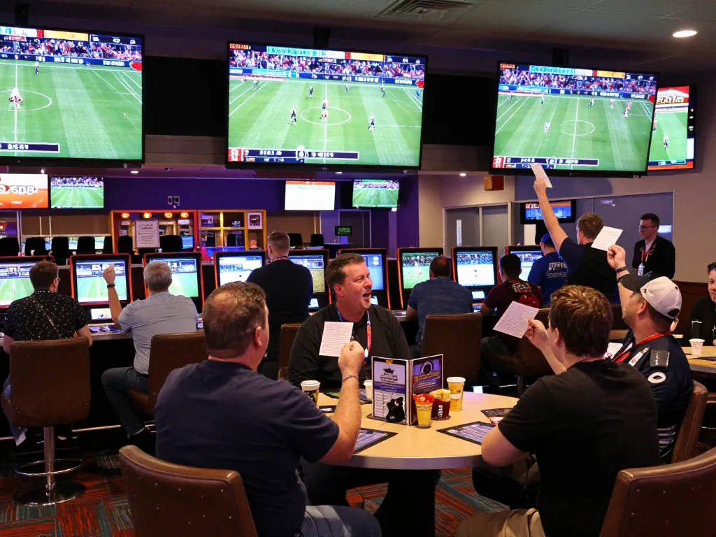 Betting on sports at a vibrant keonhacaii sportsbook with fans cheering and screens showing live events
