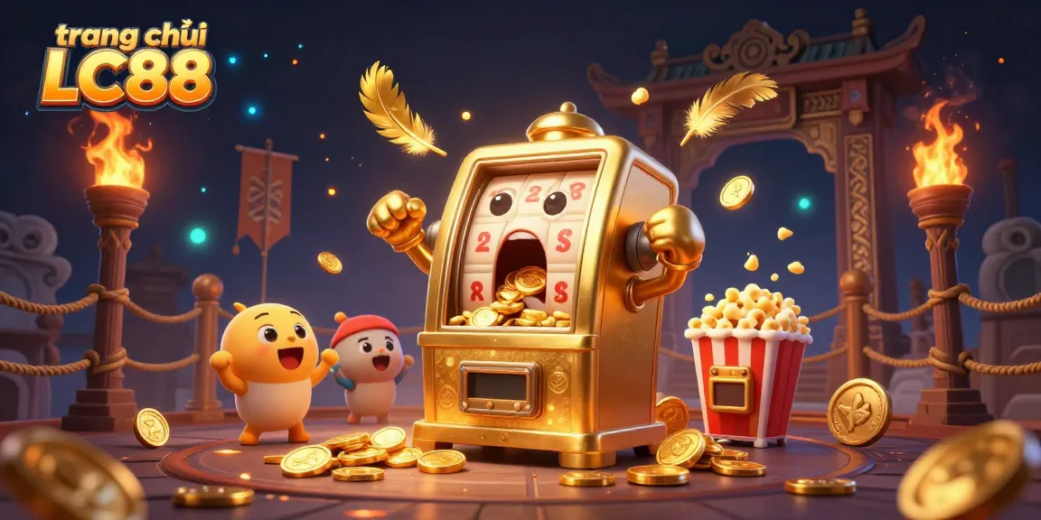 Experience the excitement of the jackpot with the animated slot machine at trang chủ LC88, surrounded by cheering partners and sparkling tokens.