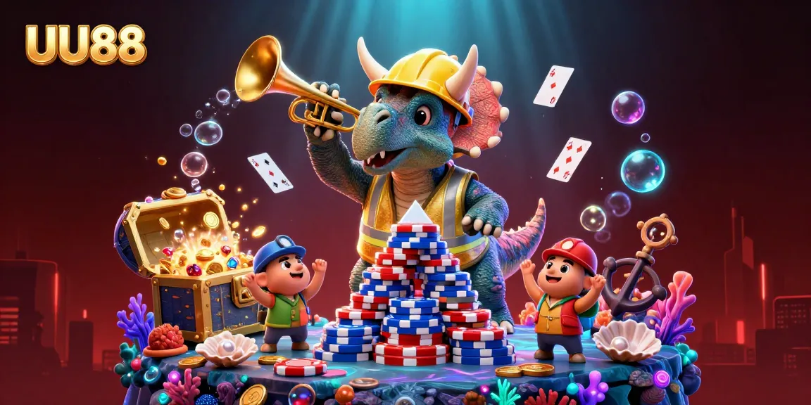 Experience excitement at UU88 with a vibrant 3D casino scene of cheering dinosaurs celebrating wins amid treasure.