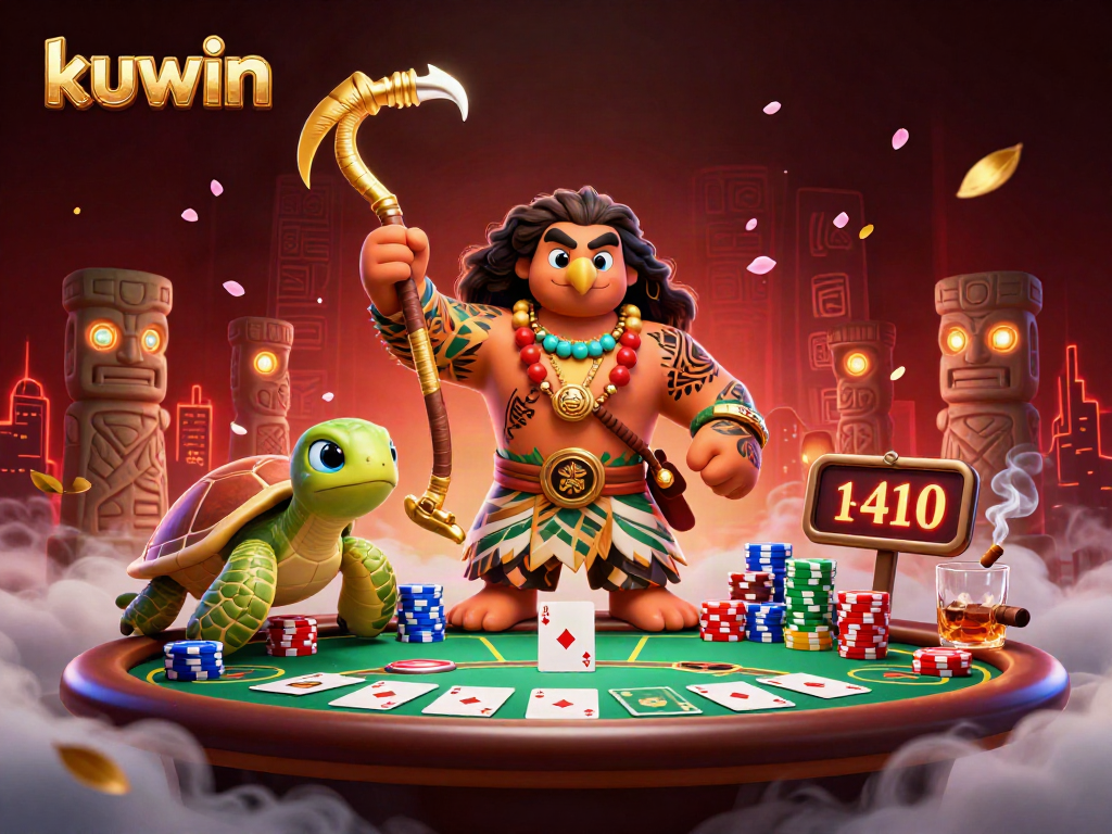 kuwin thrilling poker action with a demigod and turtle in a vibrant casino scene