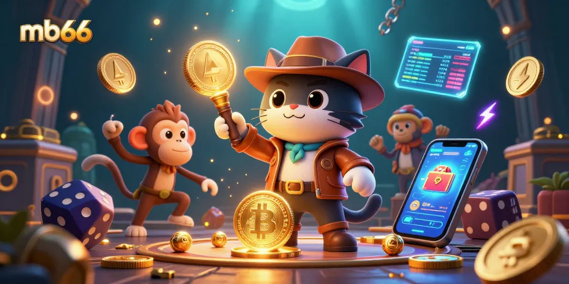 Experience the excitement at mb66 with a cat archaeologist discovering a golden casino artifact surrounded by crypto elements.