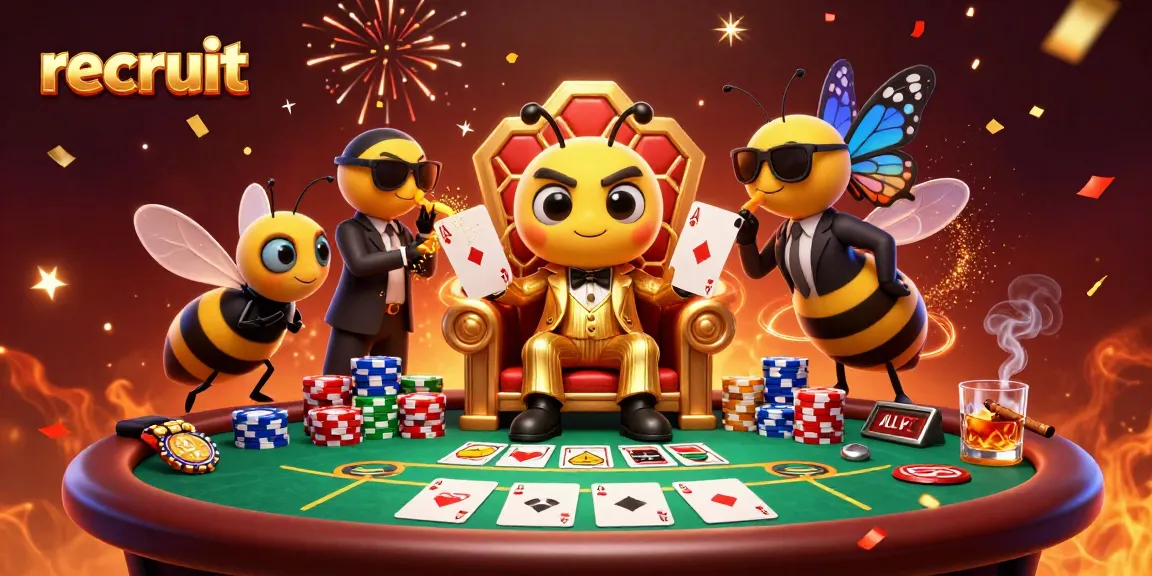 Recruit at the online casino; the bumblebee mob boss oversees a vibrant game night with poker chips and confetti.