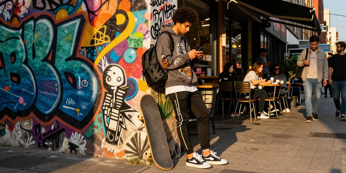 Fashionable young adult in trendy streetwear against graffiti wall at https://shs-dome5.com/ showcasing urban lifestyle.
