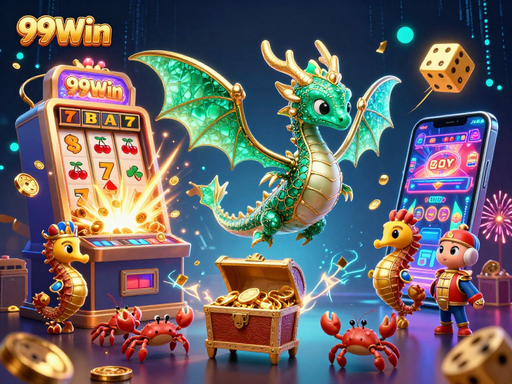 Experience the magic of 99Win with vivid slot machines and fantasy characters in a dynamic casino scene.