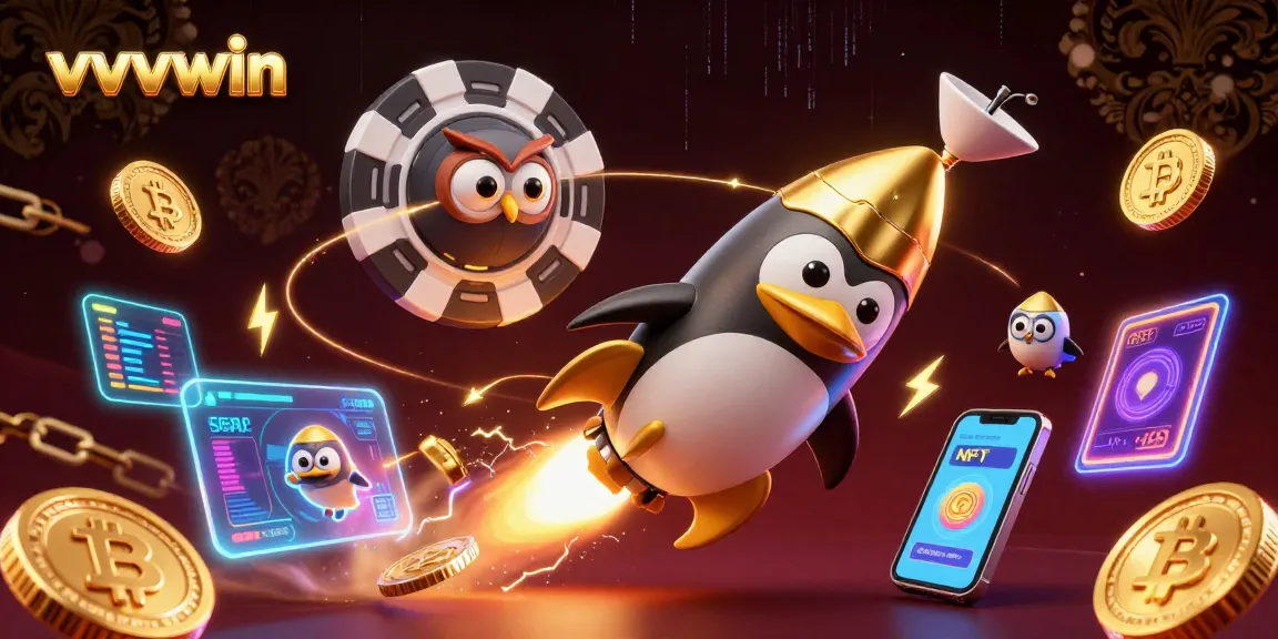 Experience the thrill of VVVWIN with a dazzling 3D scene of a golden penguin powering through space towards a casino.