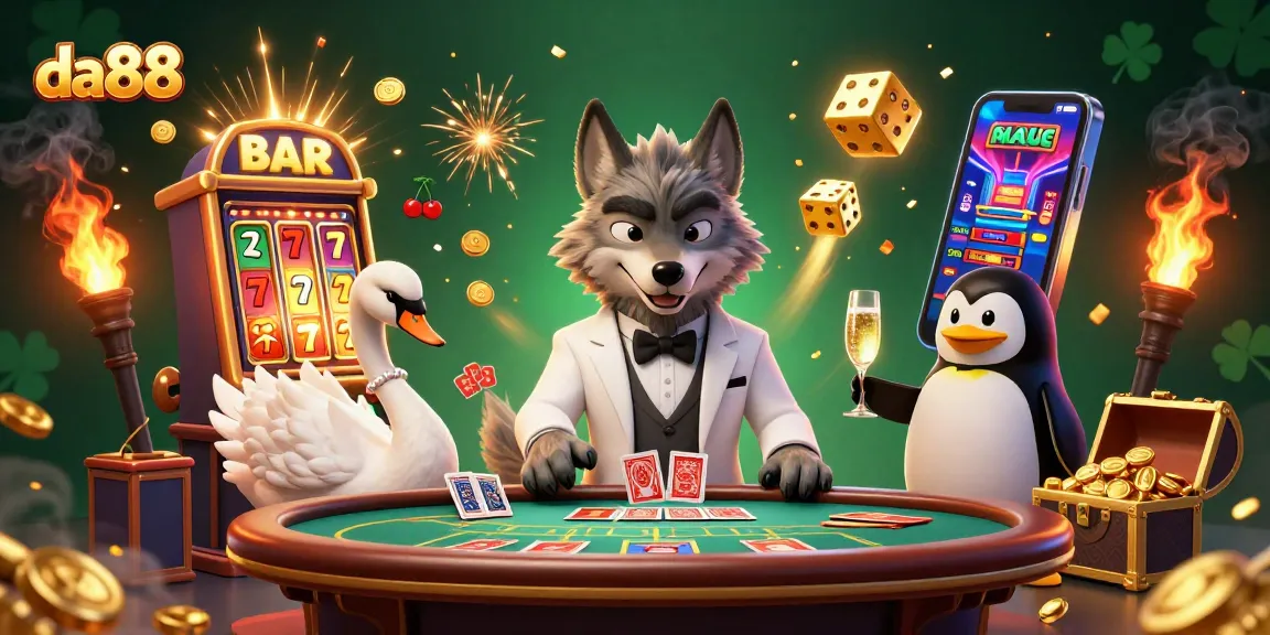 Experience da88's vibrant casino scene featuring a wolf, swan, and penguin in action.