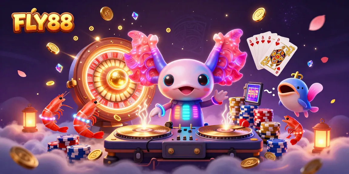 Play and win with FLY88's vibrant casino experience featuring a neon axolotl DJ and thrilling game elements.
