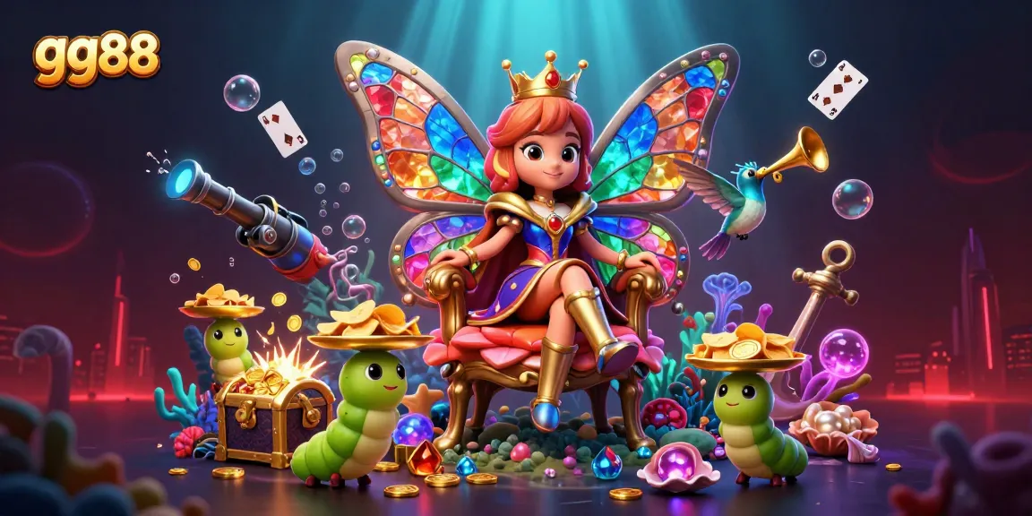 gg88 showcases vibrant casino elements with a butterfly queen and treasure filled underwater scene