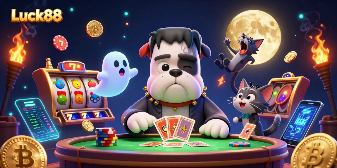 Engage with Luck88 slot games while a Frankenstein bulldog deals cards at a mystical casino table.