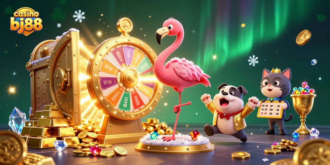 Spin the golden prize wheel at casino bj88 with an excited bulldog and flamingo host revealing treasures!