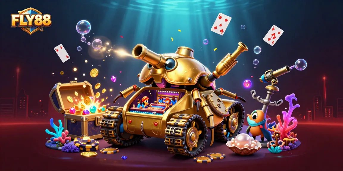FLY88 reveals a miniature casino inside a golden beetle tank, showcasing dynamic gaming elements.